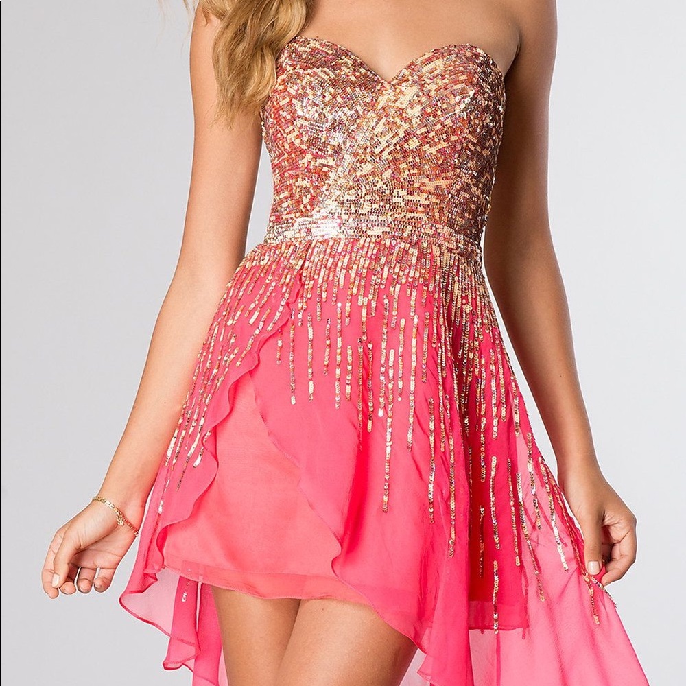 SHERRI HILL HOT PINK SEQUIN HIGH LOW MINI DRESS